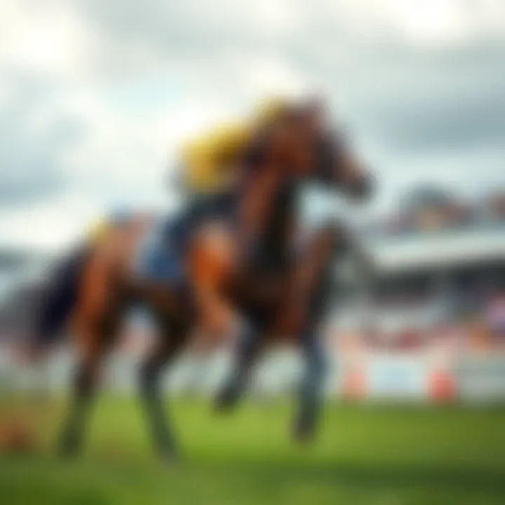 A racehorse galloping on the track during the Epsom Derby, with a crowd cheering in the background.