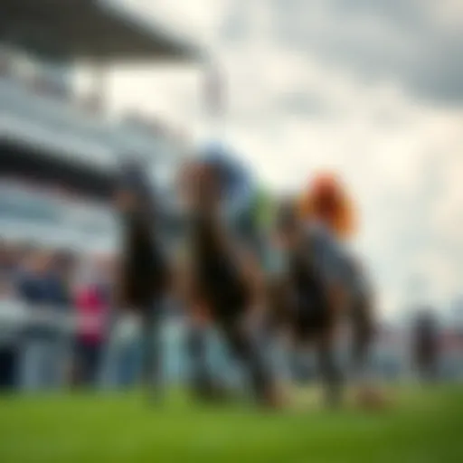 A horse racing at the Epsom Derby, with spectators in the background watching the event.