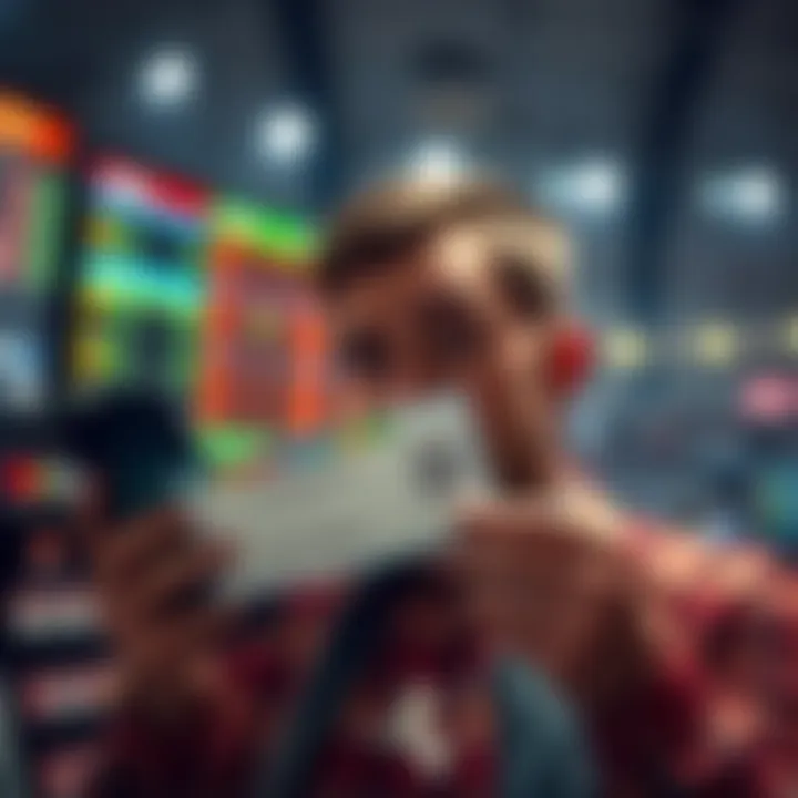 A confused bettor looking at a sports betting app with incorrect odds displayed, holding a ticket with winning bets