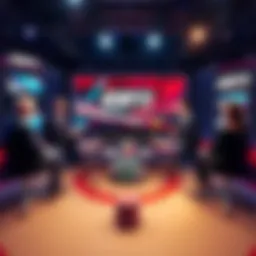 A vibrant studio scene showing the hosts of ESPN SportsCenter discussing sports news, with screens displaying highlights and stats in the background.