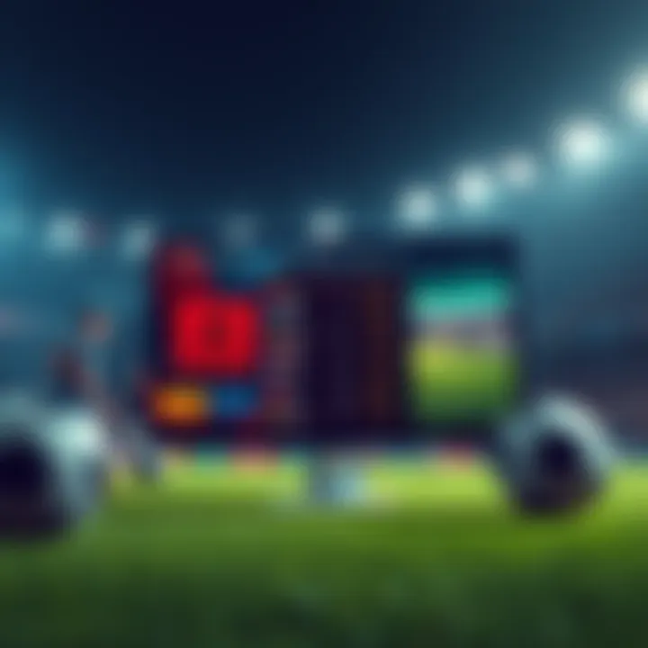 A visual representation of e-sport football betting strategies, featuring graphics of footballs, betting odds, and a computer screen with a game in progress.