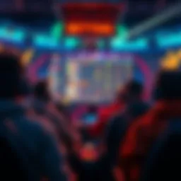 A group of gamers watching an esports tournament with betting options on a screen.