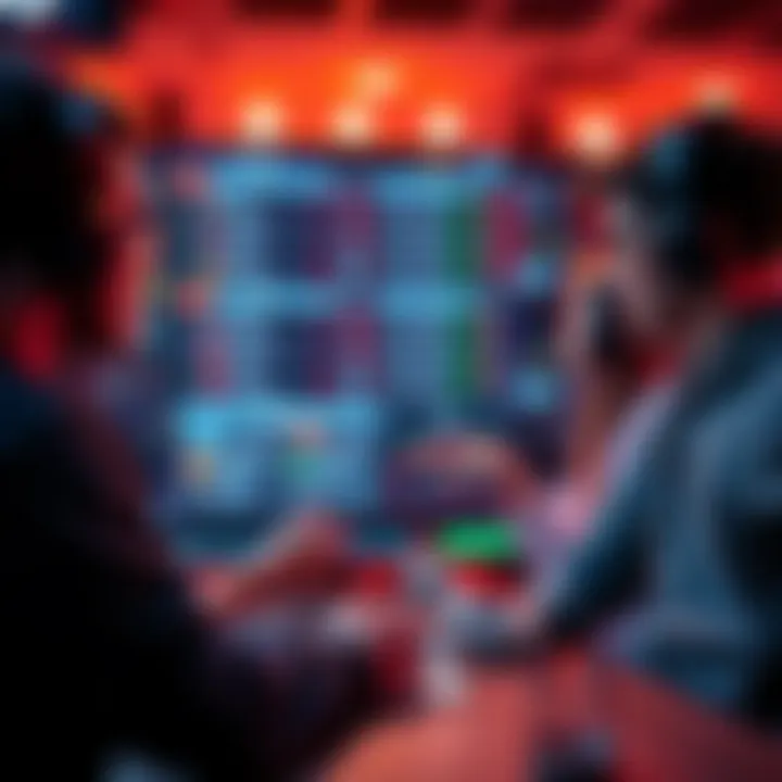 A group of friends discussing esports betting strategies with game statistics on a screen