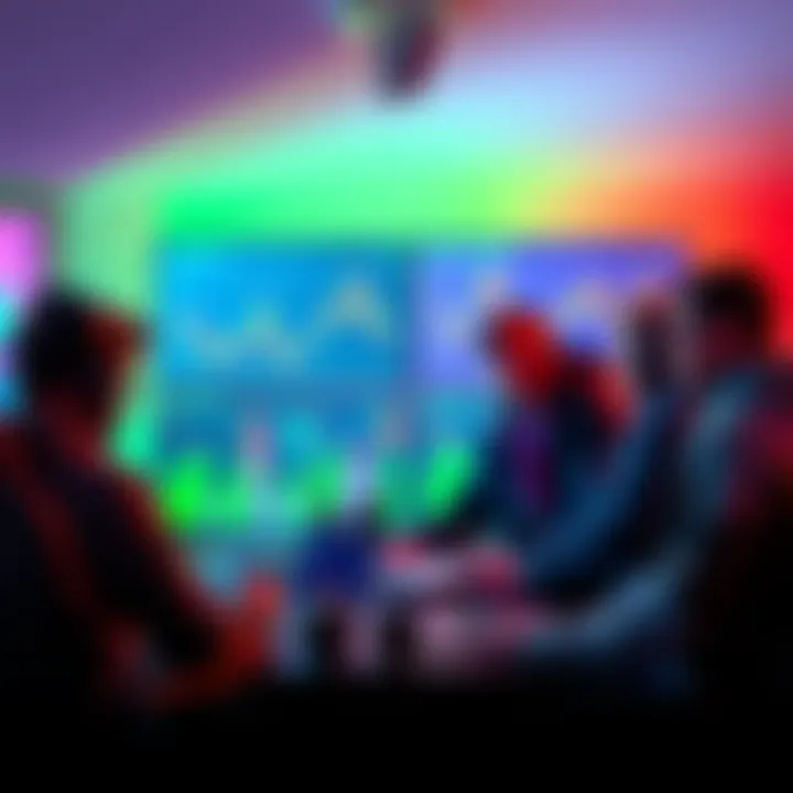 Group of people discussing esports betting strategies and tips, featuring a gaming setup and charts on a screen.