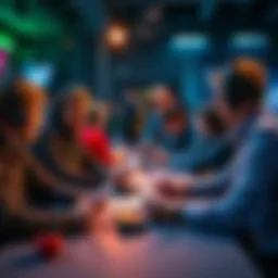 A group of people engaged in a lively discussion about eSports betting strategies, with gaming consoles and betting slips on the table.