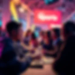 A group of people engaging in a lively discussion about eSports betting tips at a gaming event.