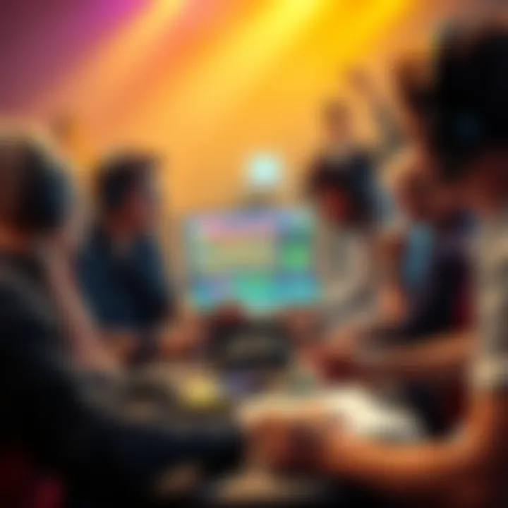 People engaging in a lively discussion about eSports betting and tips, with gaming controllers and charts present.