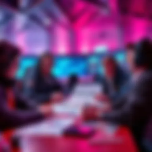 A group of people analyzing esports betting tips with charts and graphs in front of them