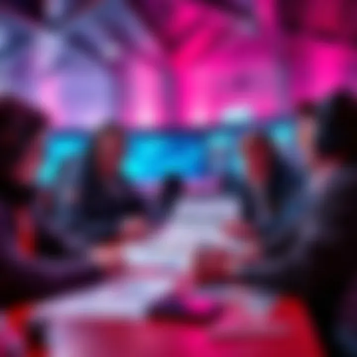 A group of people analyzing esports betting tips with charts and graphs in front of them