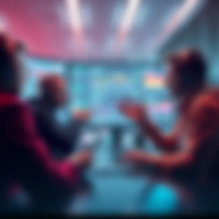 People discussing strategies for eSports betting with charts and data on screens