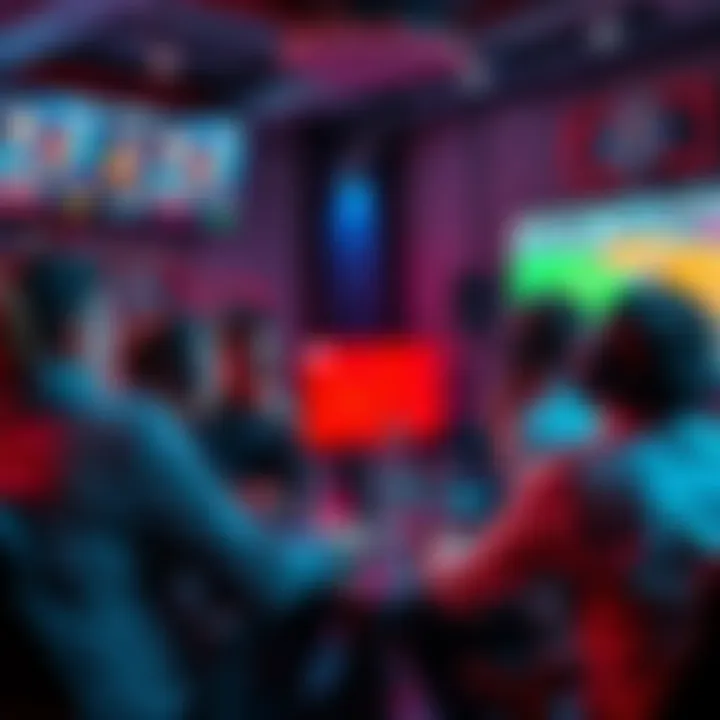 A group of people engaged in a lively discussion about esports betting strategies and tips, surrounded by gaming gear and screens showing esports events.