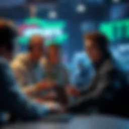 Group of people discussing eSports betting strategies with laptops and notebooks
