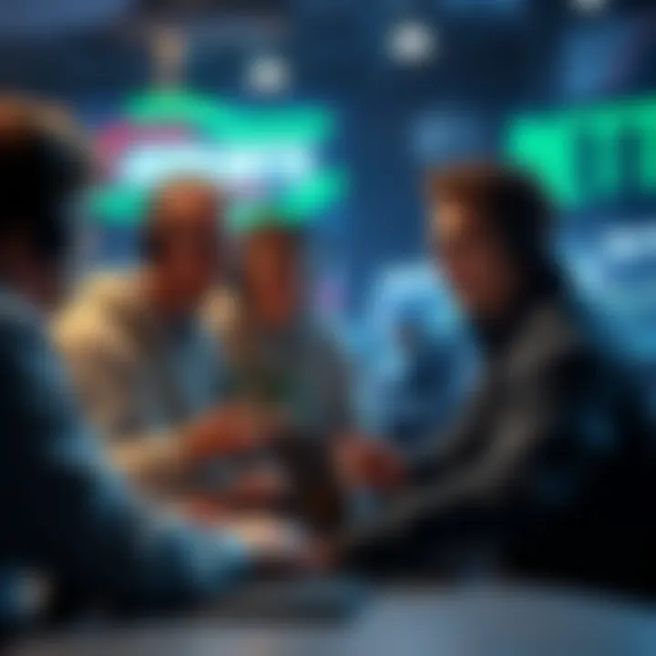 Group of people discussing eSports betting strategies with laptops and notebooks