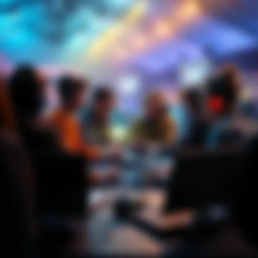 Group of people discussing esports betting strategies with laptops and gaming gear