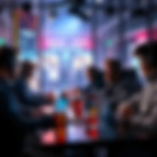 A group of people discussing esports betting strategies at a table with laptops and drinks