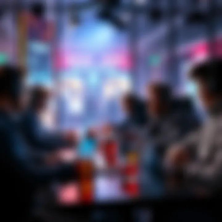 A group of people discussing esports betting strategies at a table with laptops and drinks