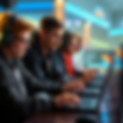 Group of people discussing eSports betting tips with laptops and game controllers