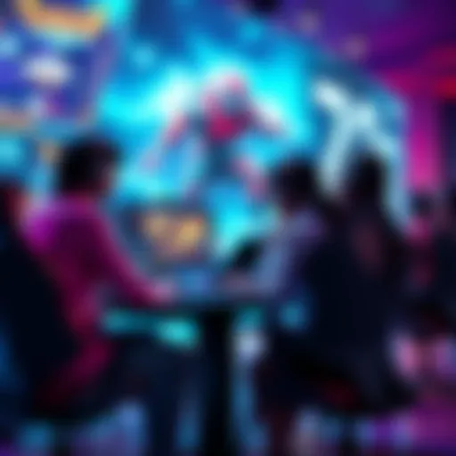 People discussing esports betting strategies at a computer desk with game graphics in the background.