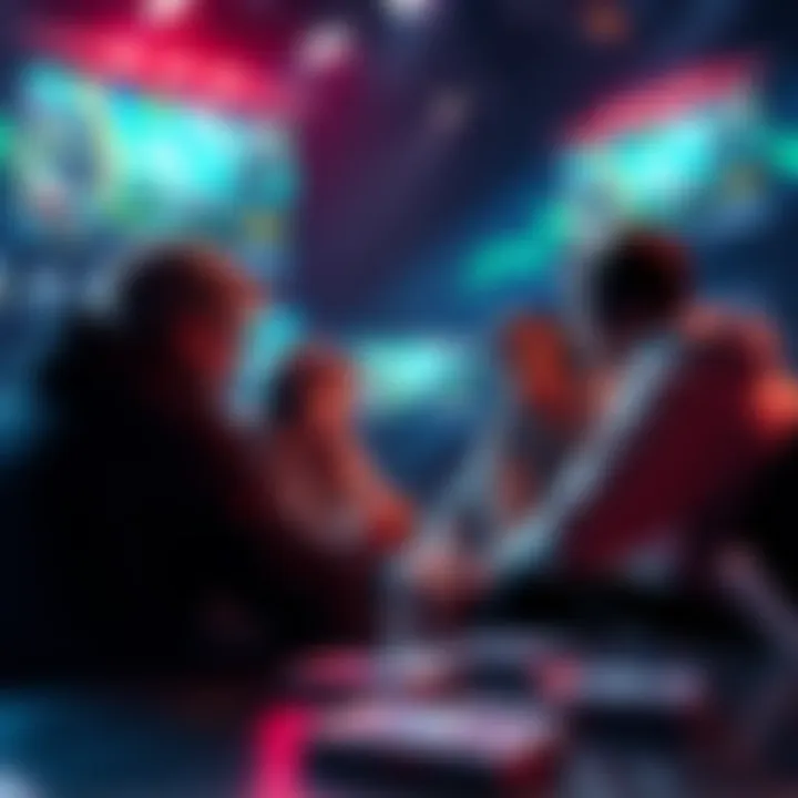 A group of people discussing esports betting tips and predictions, with gaming screens in the background