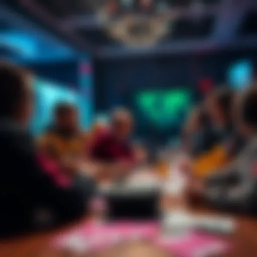 A group of people discussing esports betting trends and opinions, with gaming graphics and betting slips on a table.