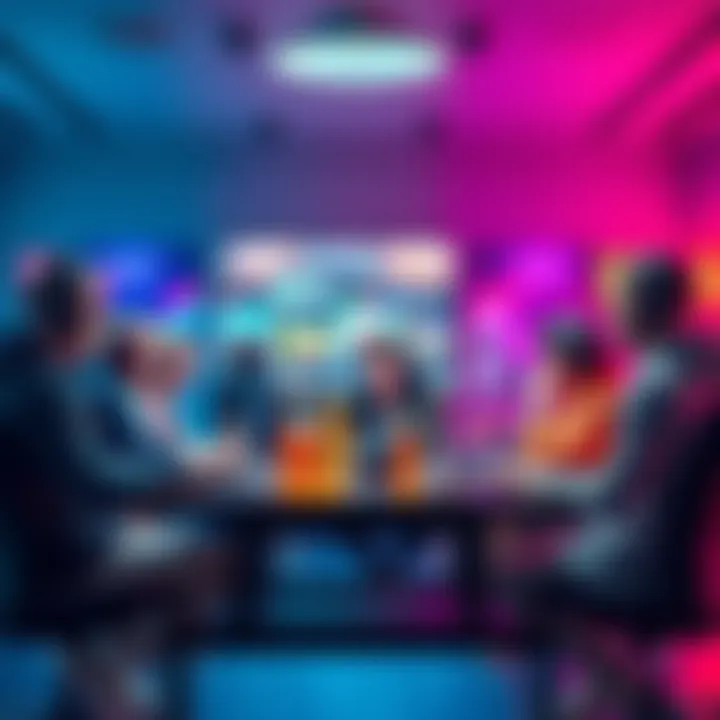 A group of people discussing esports betting strategies and tips around a table with gaming equipment and drinks