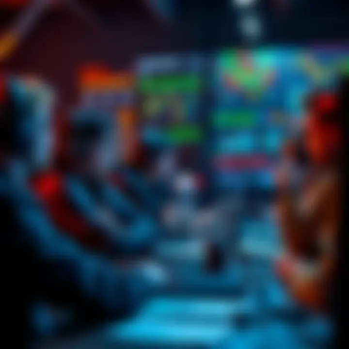 A group of people discussing esports bets and tips with charts and game graphics in the background.