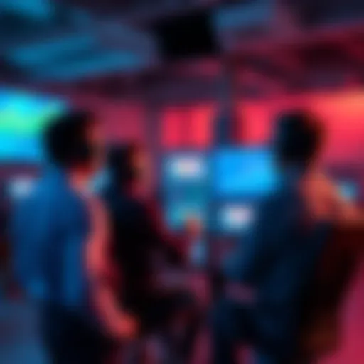 Group of people discussing esports betting tips with charts and games on a screen