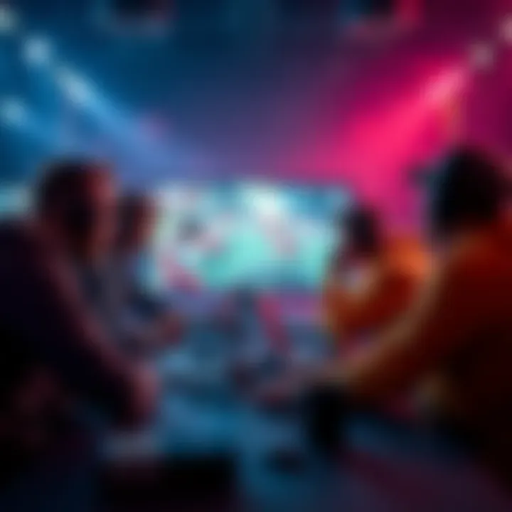 A group of people discussing esports betting strategies and tips with laptops and game screens in the background
