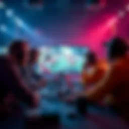 Esports Betting Discussion A group of people discussing esports betting strategies and tips with laptops and game screens in the background
