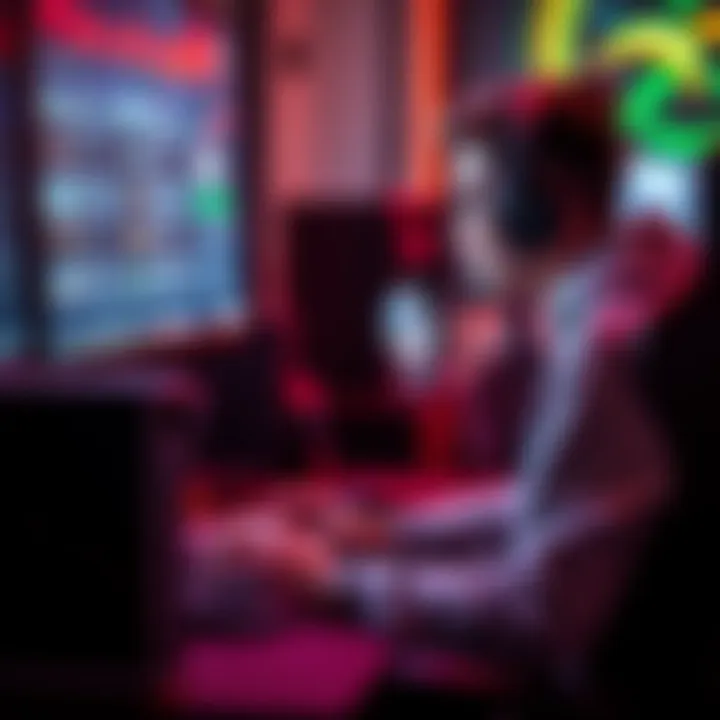 A person sitting at a computer, focused on a screen displaying the H2H GG League esports match with betting options visible.