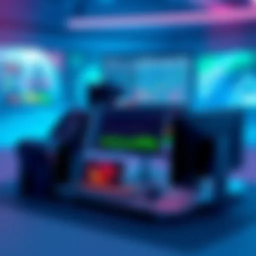 A digital illustration showing a person analyzing esports statistics and making bets on a computer with gaming visuals in the background.