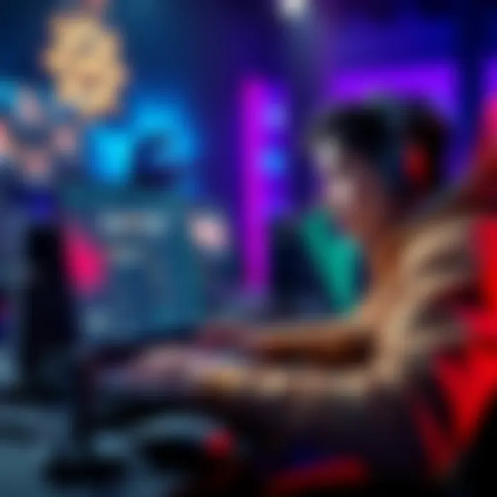 A person reviewing esports betting tips on a laptop, with gaming elements in the background.