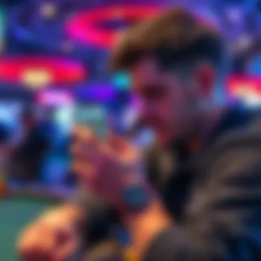 Ethan Klein at a live poker event focusing on Anisa Jomha's image, showing his phone screen