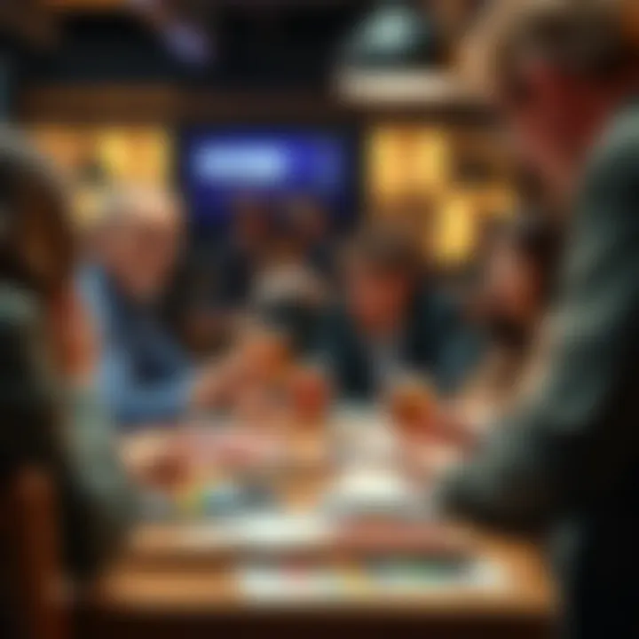 A group of people discussing the ethical aspects of advertising GGCheers, with promotional materials on a table