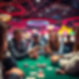 European poker players in Las Vegas Group of European travelers playing cards in a casino in Las Vegas, surrounded by bright lights and excitement.