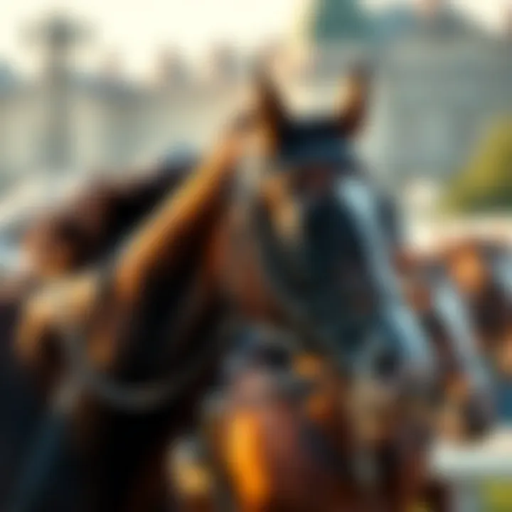 A close-up of a European racehorse wearing martingale gear during a race