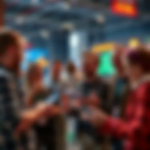 Group of people excitedly discussing and placing bets on electric vehicle events