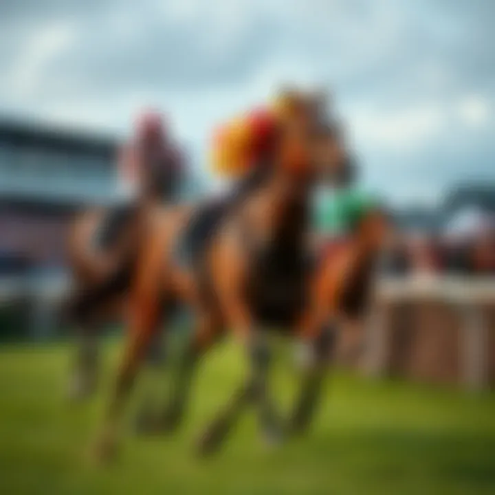 Even Tho, a brown horse with a strong build, galloping on the racetrack with a jockey in bright colors, surrounded by cheering crowds