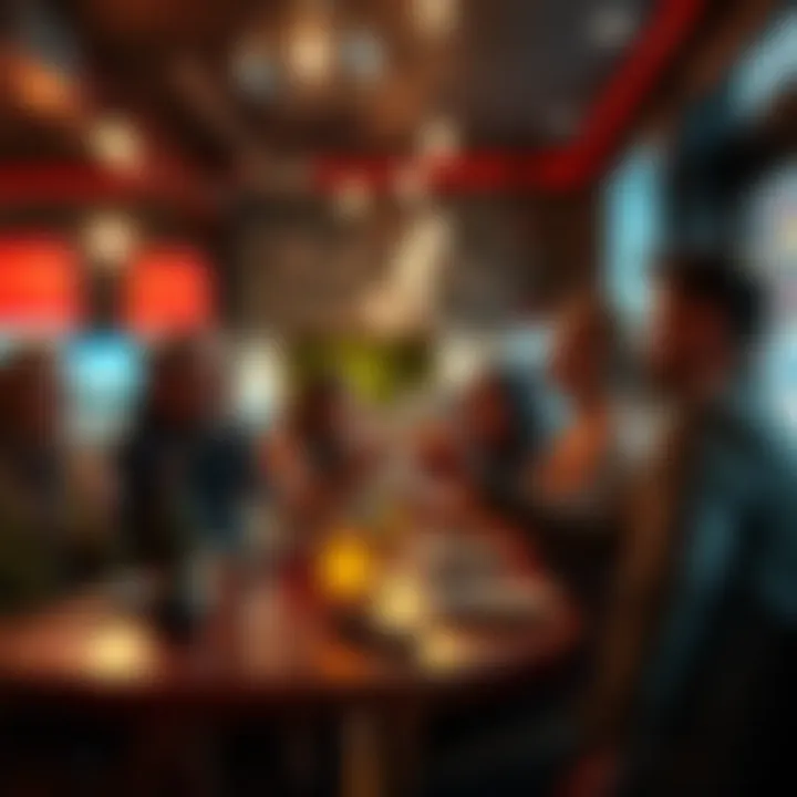 A group of friends enjoying dinner and drinks at a lively restaurant