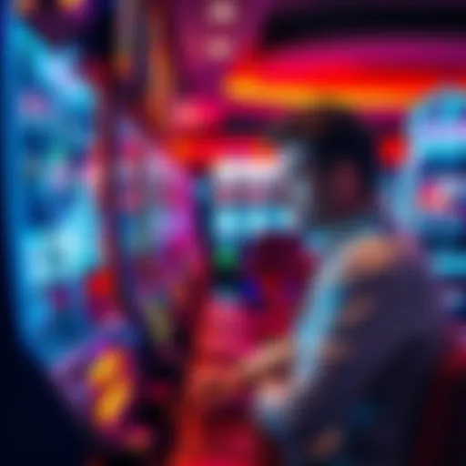 A man sitting at a gambling machine, looking distressed as he remembers his past struggles with gambling addiction.