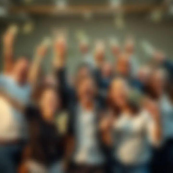 A diverse group of people celebrating with money and victory signs, showing joy and excitement over financial gains