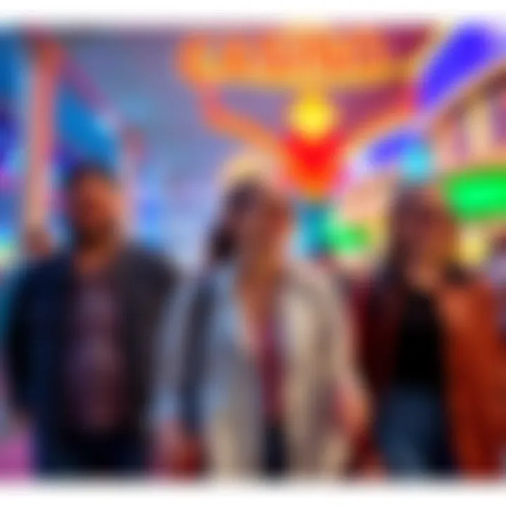 A group of friends smiling and walking towards a casino, filled with excitement and anticipation.