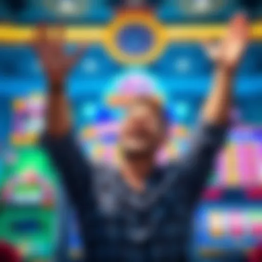 A joyful player with hands raised, celebrating a big win after activating a bonus in a game, with colorful slot machine graphics in the background.