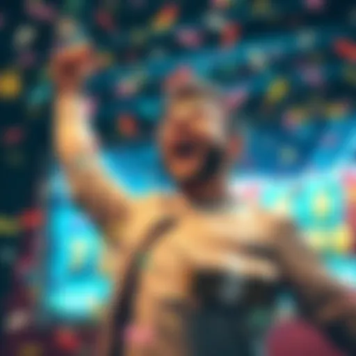A happy person holding cash with confetti in the background, celebrating a big win on a gaming platform