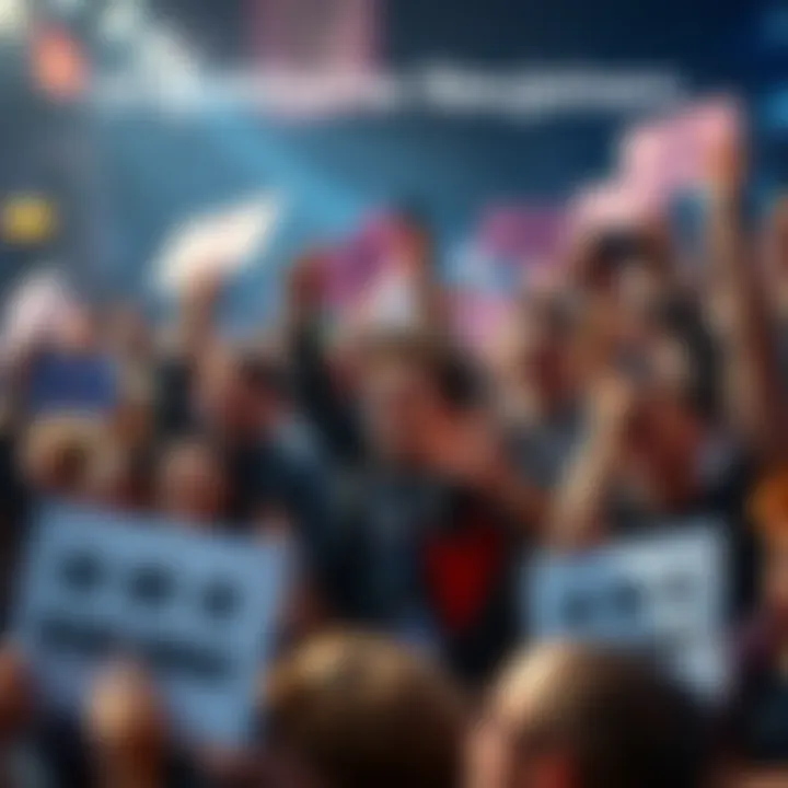 A diverse group of people cheering and expressing excitement over surprising news, with some holding signs and others taking photos