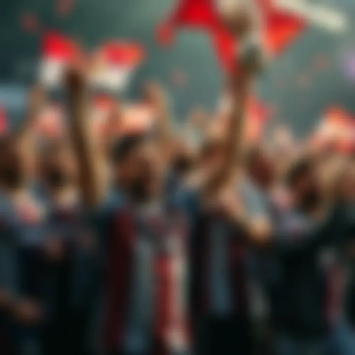 A group of enthusiastic fans celebrating a victory with their favorite LaLiga team, waving flags and wearing team jerseys, expressing joy and excitement