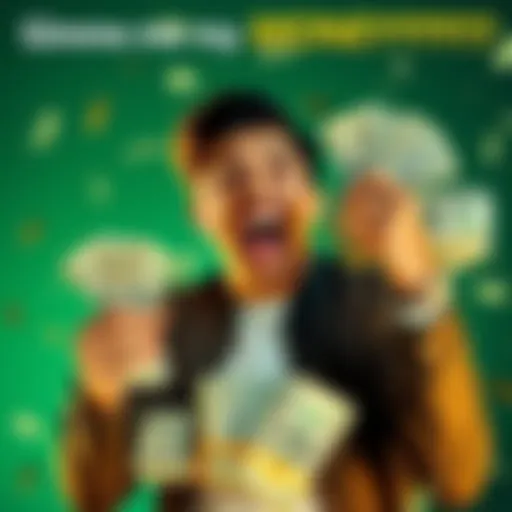 Excited person celebrating with cash A joyful individual holding stacks of money, celebrating a financial win with enthusiasm