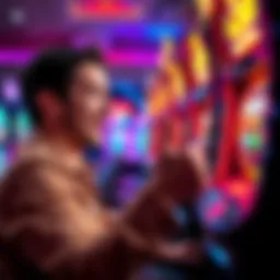 A person with a hopeful expression playing a slot machine, surrounded by colorful lights and sounds, showcasing anticipation of winning big