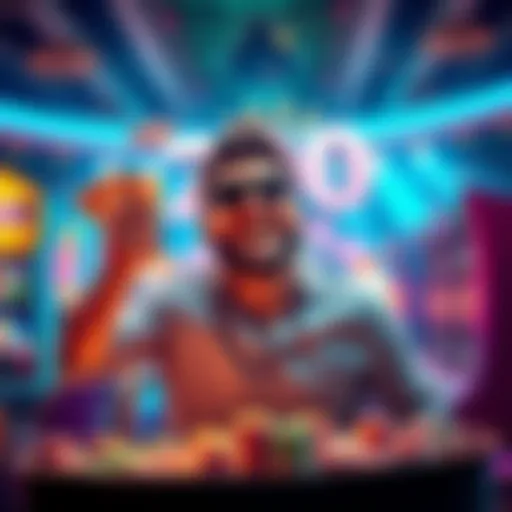 A joyful player celebrating a significant win in gambling, with cash and chips in hand, surrounded by colorful gaming lights.