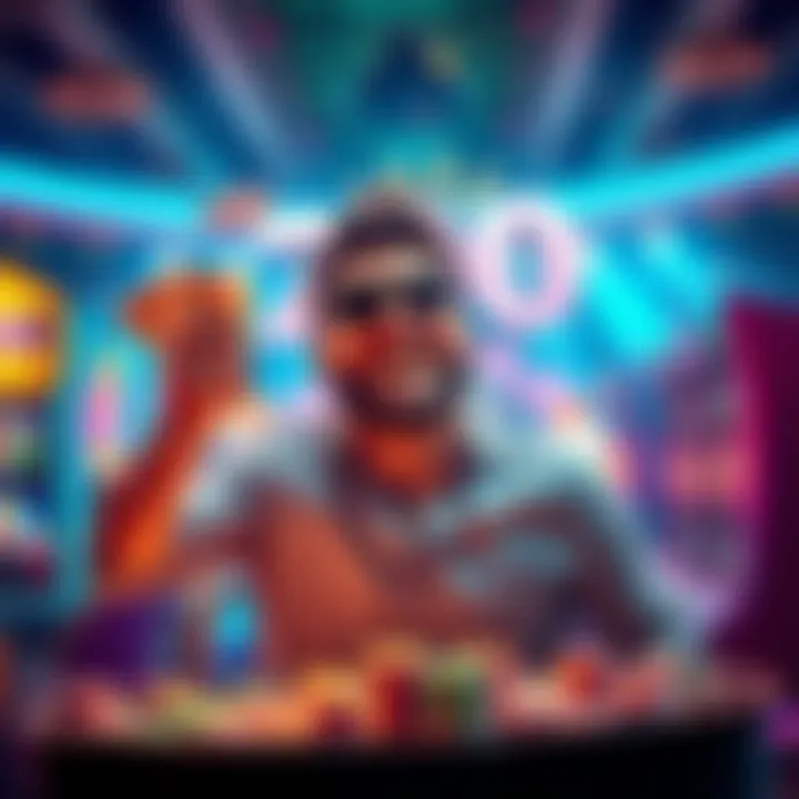 A joyful player celebrating a significant win in gambling, with cash and chips in hand, surrounded by colorful gaming lights.